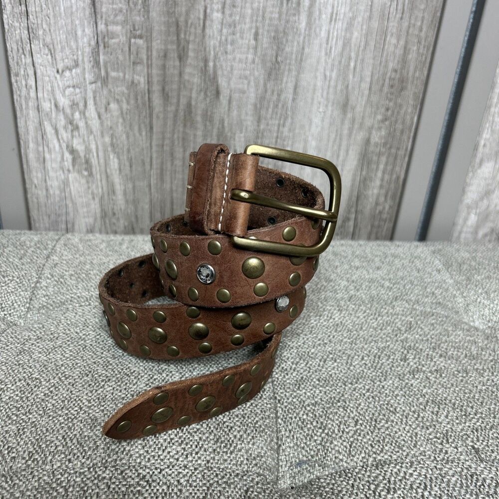 Linea Pelle Leather Belt Studded Rhinestones Handmade Brown Size M